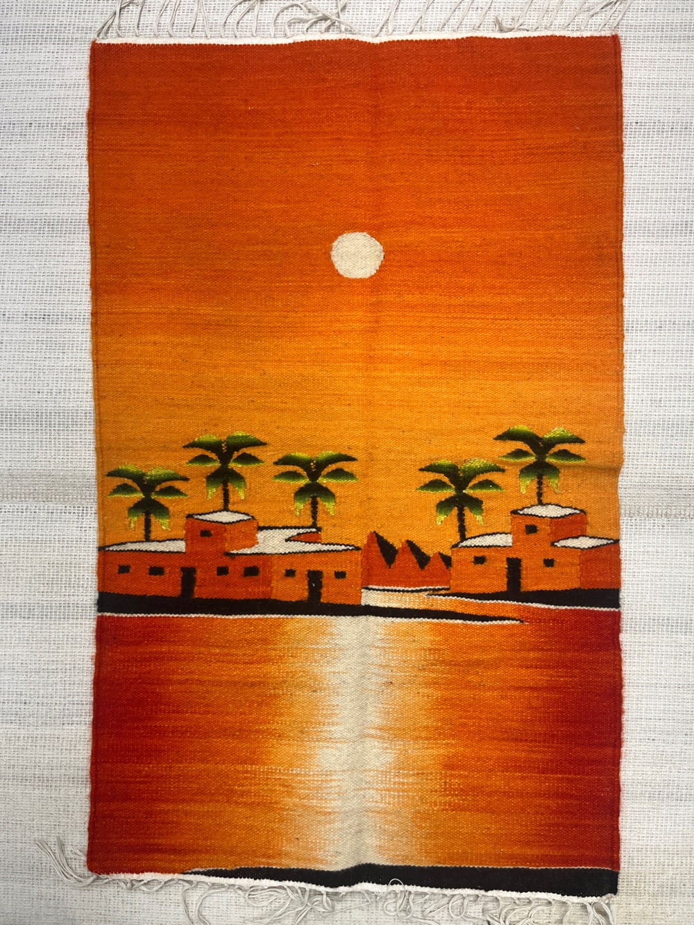 Orange Sunset Village Tapestry Wall Hanging. Handmade 39X24”